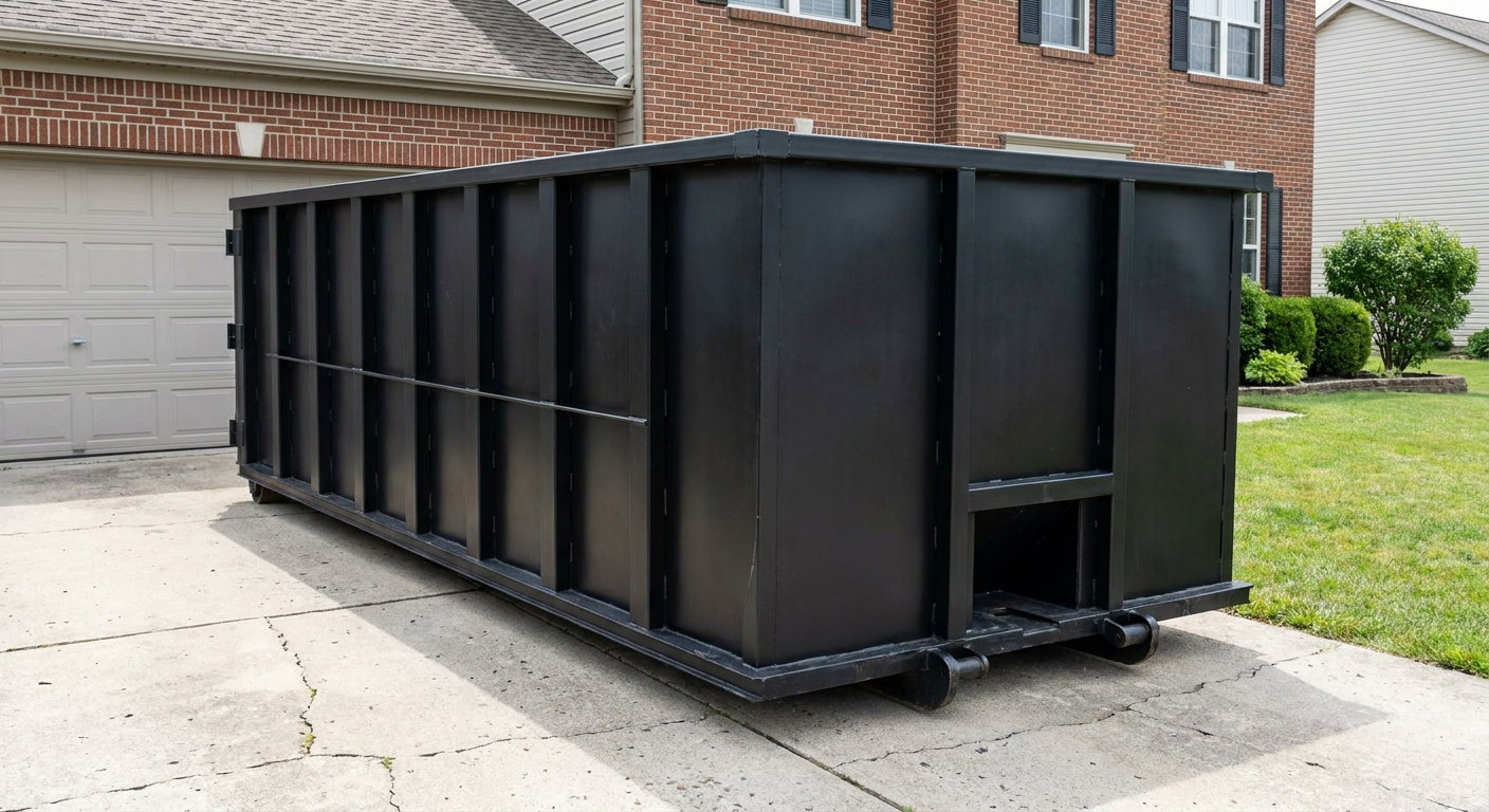 Matte-black 20-yard roll-off container on a Savannah residential concrete driveway with reinforced ribbed steel sidewalls and a hinged rear walk-in door, clean bright daylight.