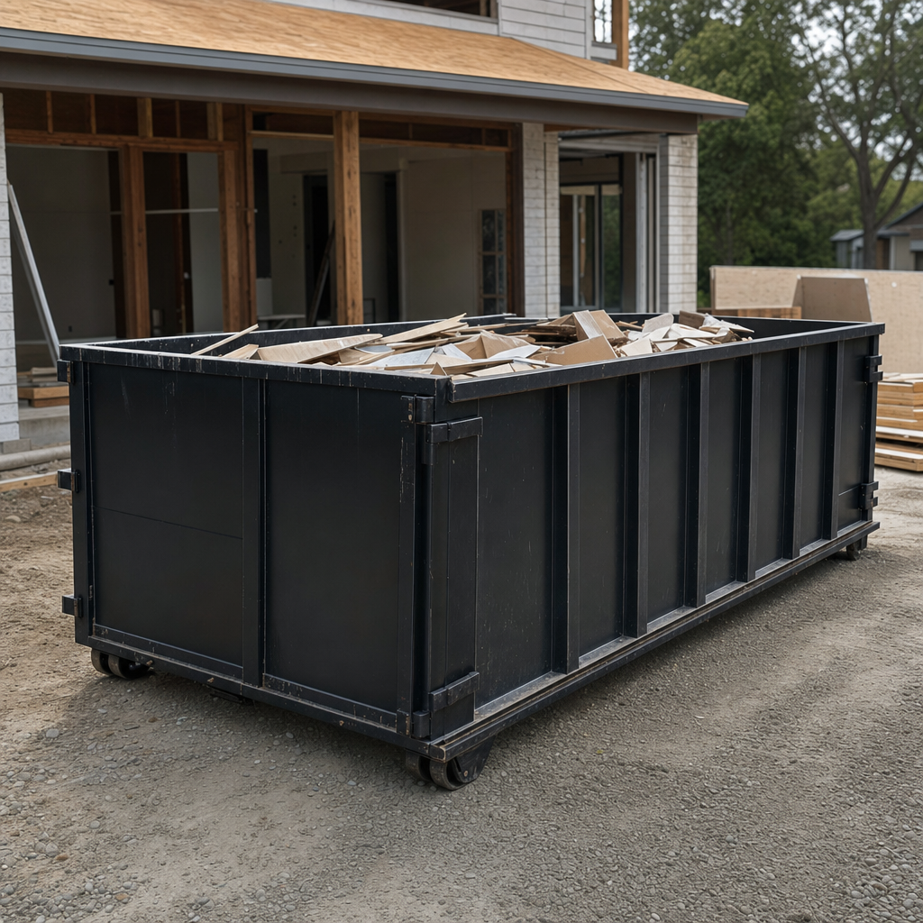 Large matte-black 30-yard construction roll-off dumpster at an active Savannah jobsite, steel-gray top rails and bottom rollers visible, loaded with construction debris.