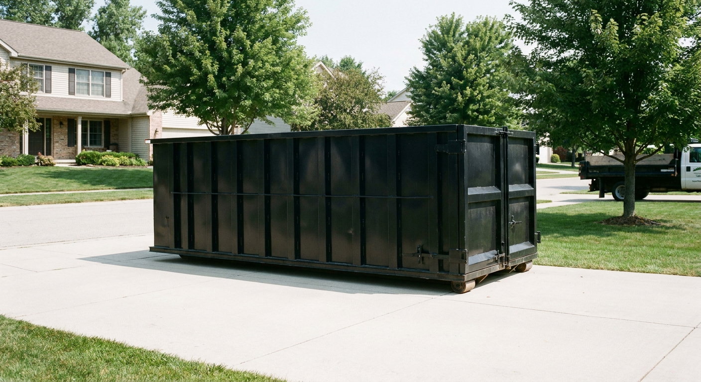 Matte-black 20-yard roll-off dumpster sitting level on a clean Savannah residential concrete driveway under bright daylight, demonstrating clean placement directly on the concrete.