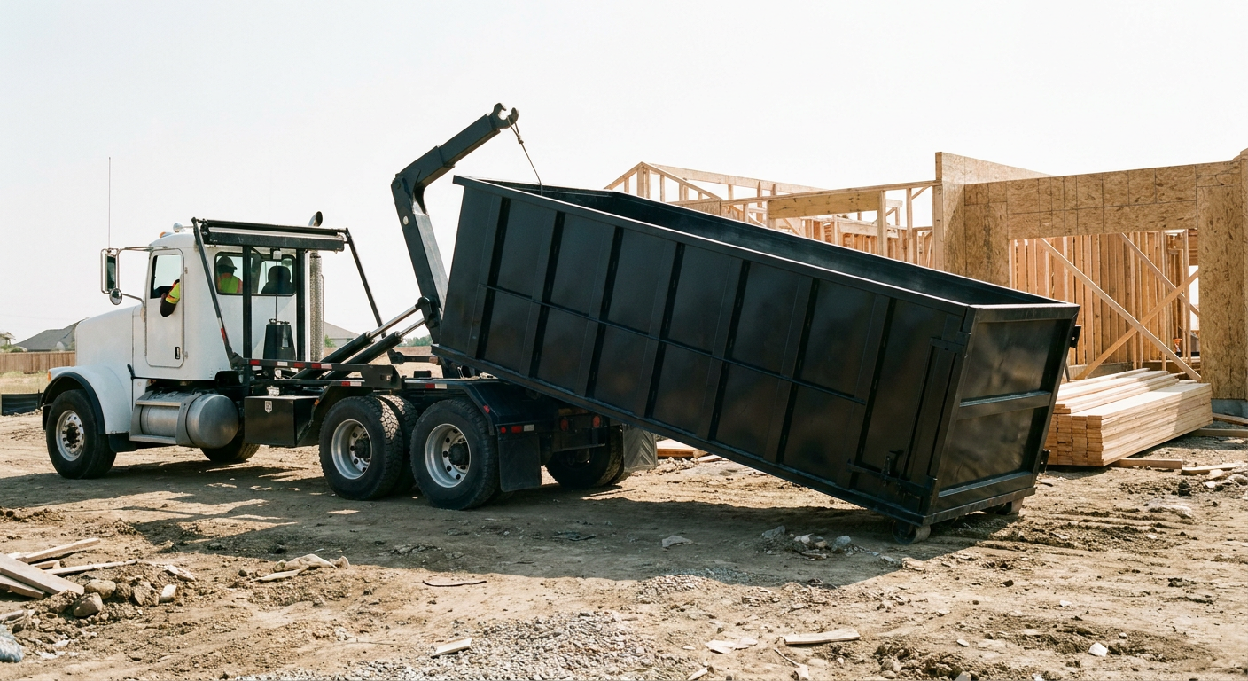 Matte-black roll-off dumpster being delivered onto a clean residential concrete driveway in Savannah by an unmarked white hooklift hauler truck, bright morning daylight, documentary 35mm perspective.